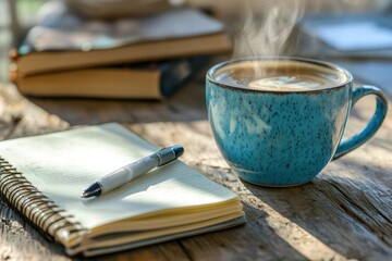Notebook with teal mug of coffee