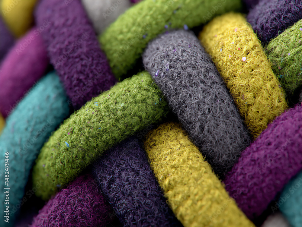 Poster modern and abstract 3d rendering illustration showcasing a macro view of interwoven strands of soft,