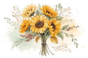 Watercolor Sunflower Bouquet Isolated on Transparent Background