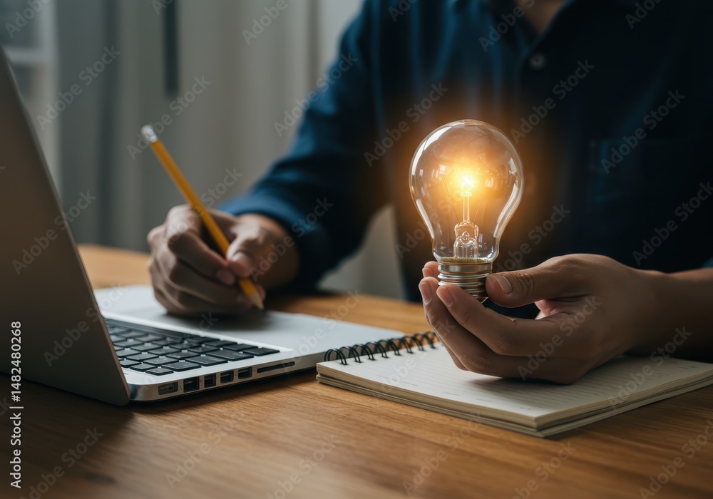 Poster person holding a glowing lightbulb while working on a laptop and writing in a notebook