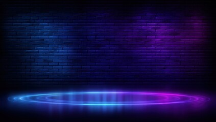 A dark brick wall and floor illuminated by vibrant blue and purple neon lights, creating a futuristic and moody atmosphere.