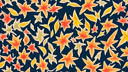An intricate design filled with stylized leaves in shades of orange, yellow, and beige, set against a backdrop of deep navy blue.