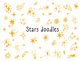Doodle stars glitter spark freehand hand drawn scrapbook bursting elements. Sketch scribble monochrome simple line stroke brush set
