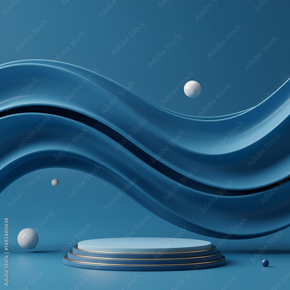 Poster 3d render of a deep blue, stylized podium with flowing, curved shapes and floating orbs. abstract pr