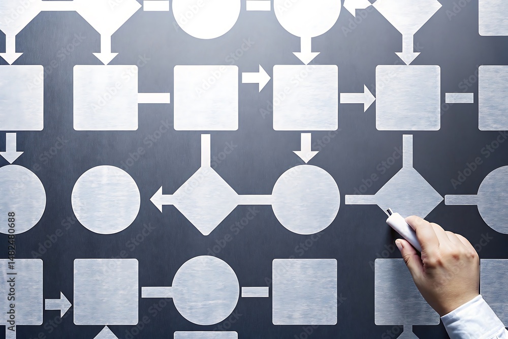 Aufkleber hand drawing a complex business process flowchart on a dark background