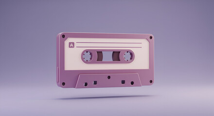 Obraz premium Pink cassette tape with a minimalist style in a soft purple studio background. Floating in the air, the object is a nostalgic digital rendering of a vintage audio recording format.