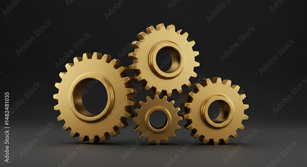 Poster golden gears interlocked on a dark background. abstract mechanical components in a system arrangemen