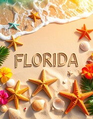 Florida beach scene with starfish, shells, and tropical flowers on sandy shore