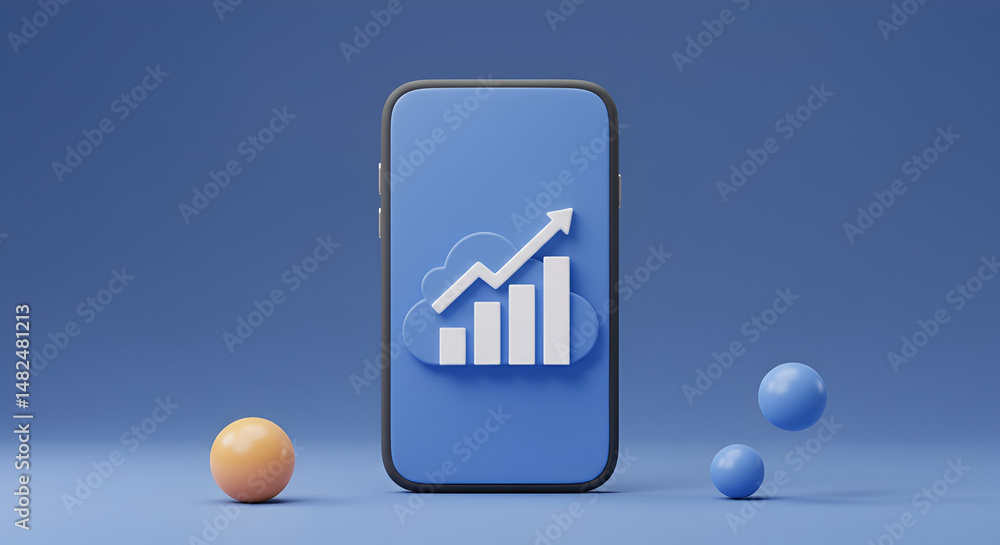 Poster modern smartphone displaying a graphic of a rising graph within a cloud, on a minimalist studio back