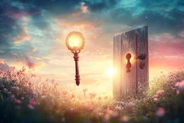 Fototapeta premium Glowing key floats above field wildflowers near old wooden door at sunset hope new beginnings magic