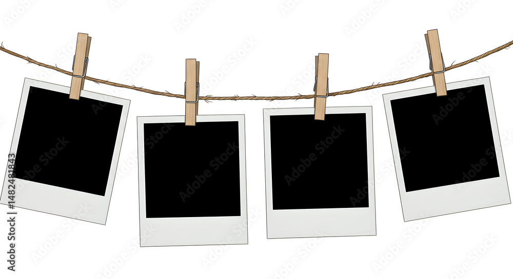 Poster four blank polaroid frames hanging from a brown string with wooden clothespins on white background f