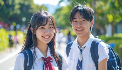 の制服を着た日本人の男女高校生カップル。AIで生成