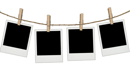 Four Blank Polaroid Frames Hanging from a Brown String with Wooden Clothespins on White Background for Customizable Photo Display
