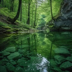 Obraz premium Calm, crystal-clear river water reflecting the vibrant green of surrounding trees, winding through a forest.
