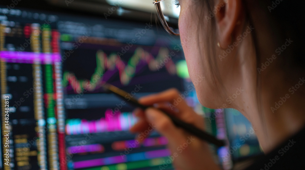 Poster stock market analysis woman trader analyzing financial data charts on computer screen for investment