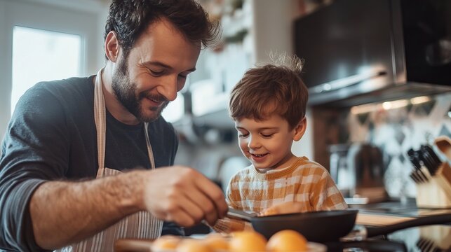 A dad and son cooking breakfast together in the kitchen, bonding moment 