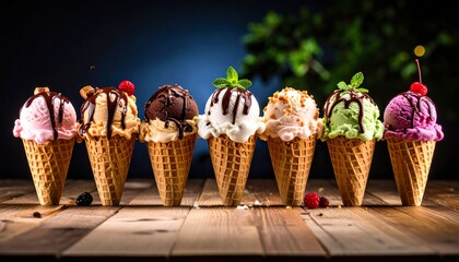variant color gelato at cone with chocolate jam