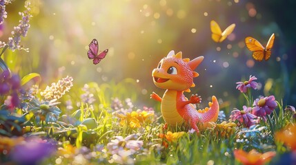Joyful Baby Dragon Dancing in a Sunny Meadow with Butterflies