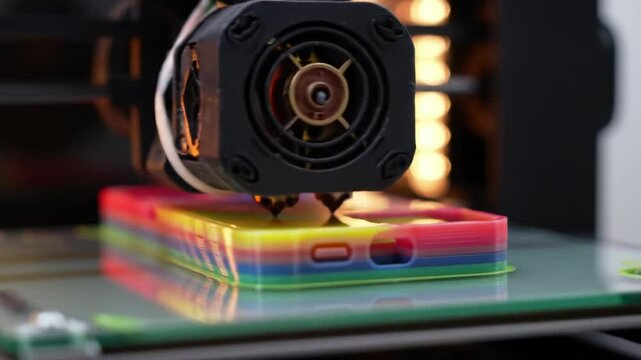 Rainbow phone case being printed in a 3D printer at a maker space in the afternoon