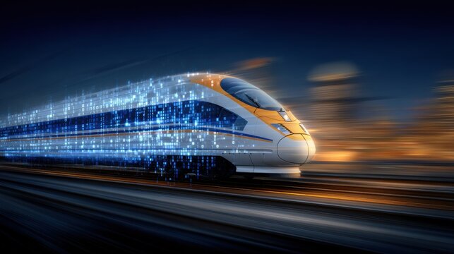Dynamic digital trail of a highspeed train at twilight
