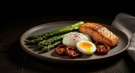 Healthy Meal with Salmon Asparagus Egg and Dried Tomatoes on Dark Rustic Table