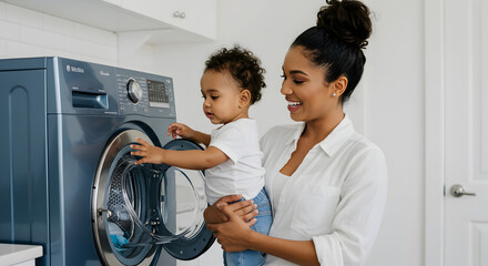 Mother Holds Her Baby Near Front Loading Washing Machine in Bright Laundry Room