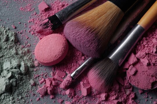 Crushed makeup powder and brushes