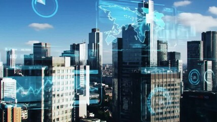 urban skyline timelapse double exposure with Business data Analytics dashboard Technology, Futuristic Design for financial technology and business concepts - Powered by Adobe