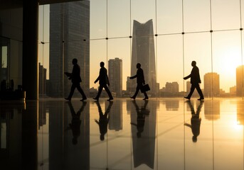 Naklejka na ściany i meble Silhouettes of business people walking in an office building with a cityscape view