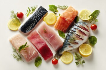 Assorted raw fish fillets, herbs, and lemon slices