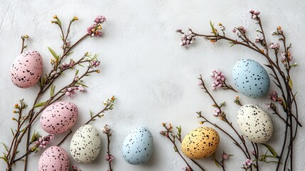 Speckled easter eggs and cherry blossoms on light background