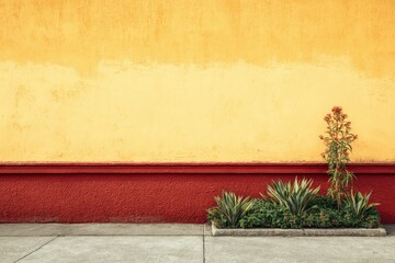 A vibrant yellow-orange wall with a red base, accented by plants and low landscaping