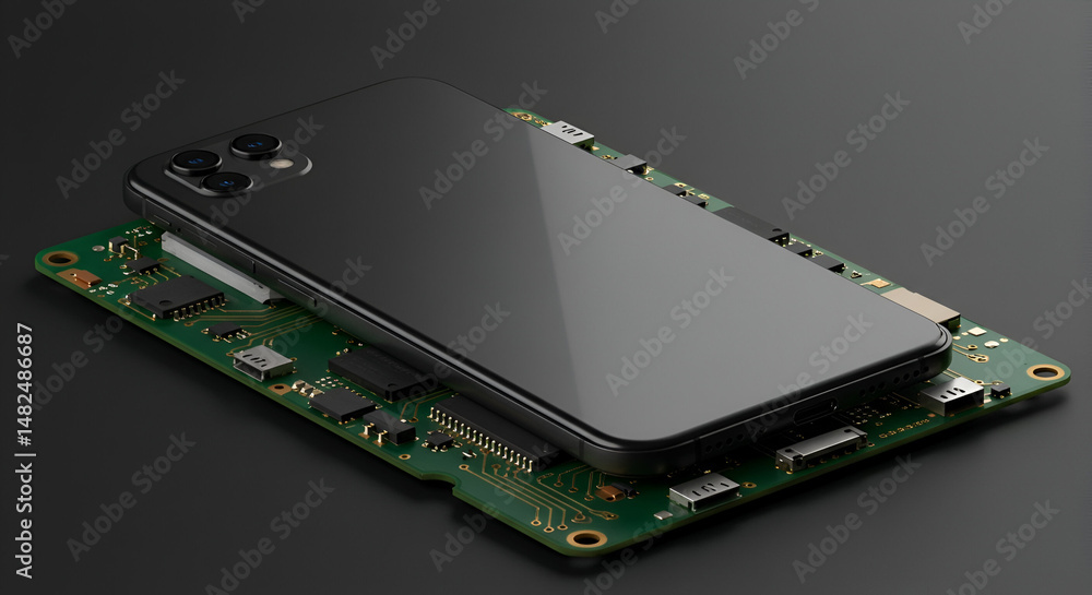 Poster black smartphone resting on a green circuit board. modern device with intricate internal components 