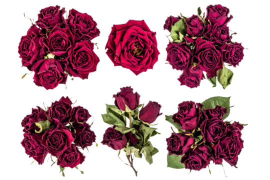 Three Dried red rose bouquet, top view isolated on a transparent background