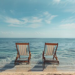 Chic beach chairs made of teak wood with striped cushions, facing an endless horizon of calm, glassy waters under a pale sky.