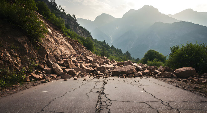 Road Collapse With Large Piles of Rubble After Landslide Blocking Route on Mountain Hillside With Lush Greenery in Sunny Weather