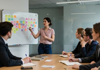 Woman presenting ideas on a whiteboard to colleagues during a business meeting in the office