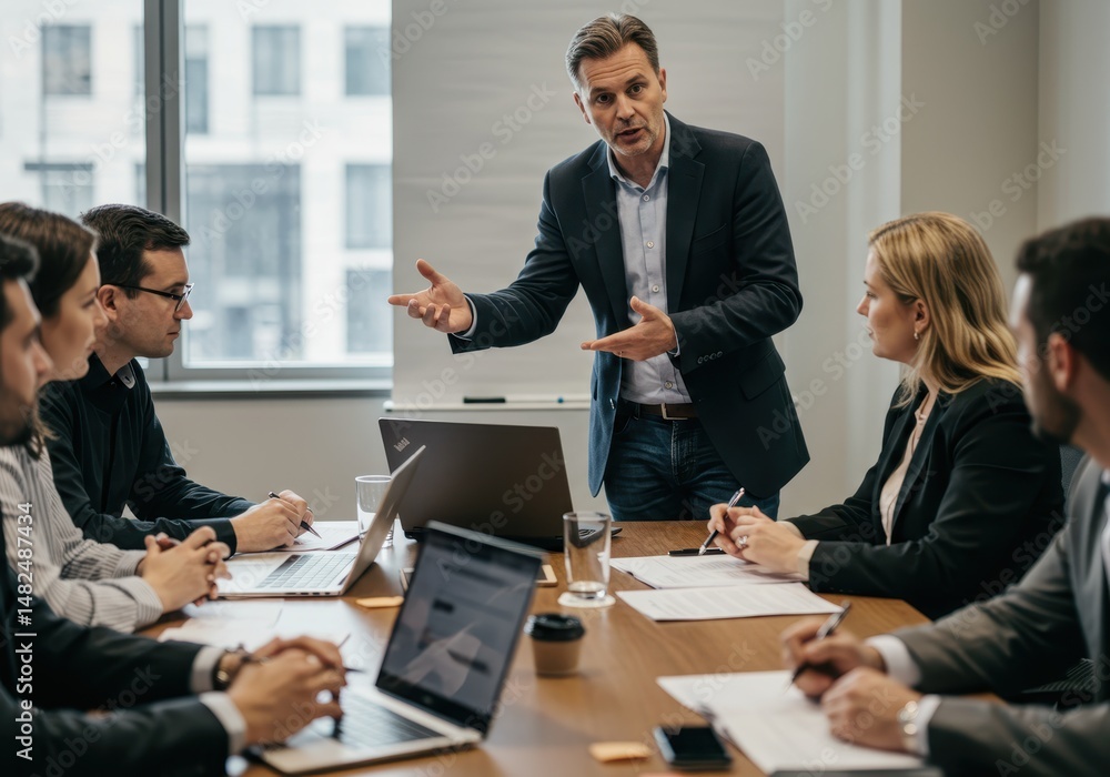 Poster a business professional is presenting to a team in a modern office setting with laptops and document