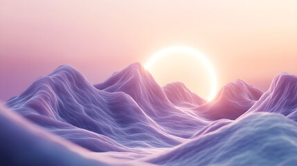 Surreal landscape with soft purple mountains and glowing ring sun