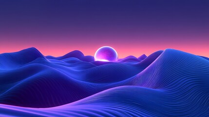 Abstract landscape with glowing purple sphere at sunset, digital art