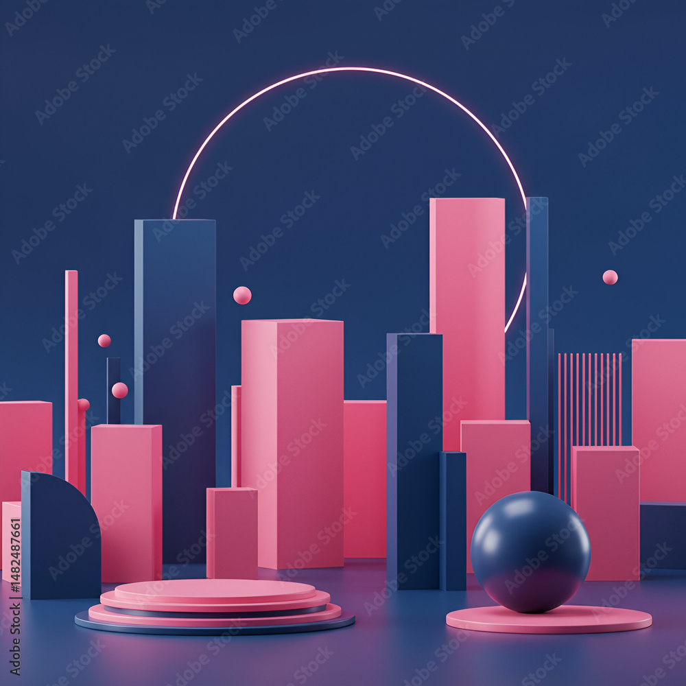Poster geometric display with pink and navy podiums. abstract composition with glowing neon ring and floati