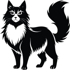 Norwegian Forest Cat silhouette, Line art vector illustration of a Norwegian Forest Cat standing proudly with its thick coat