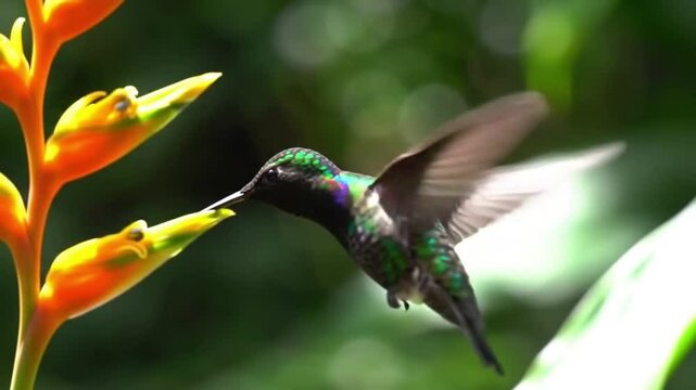 Vibrant Hummingbird Feeding on Colorful Flower in Lush Natural Garden &ndash; Close-Up Wildlife Footage


