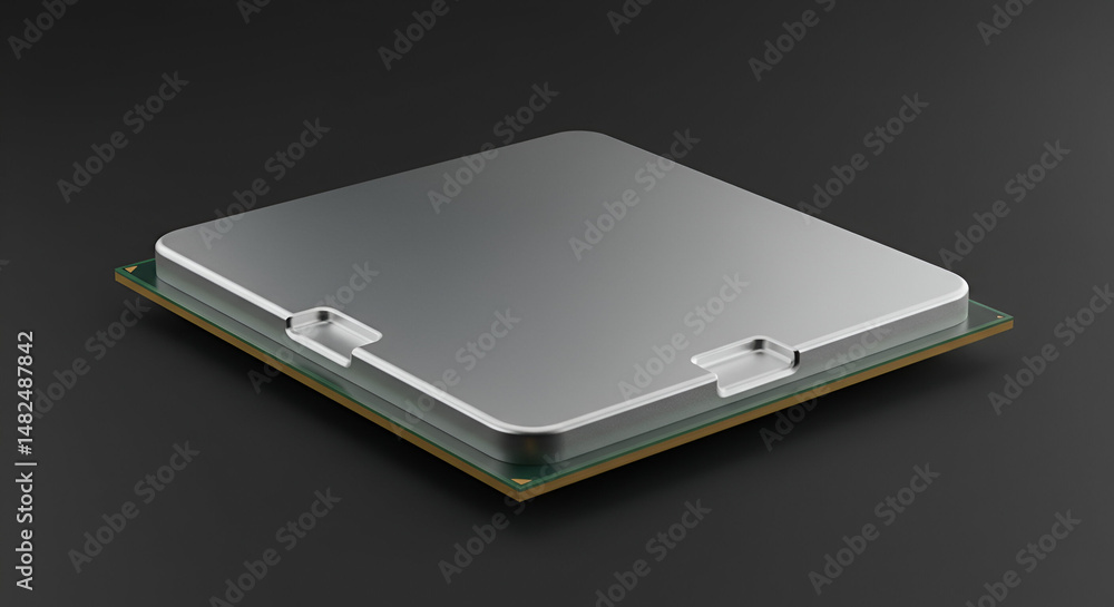 Poster high-tech central processing unit (cpu) component in a neutral gray metallic casing. the cpu is disp