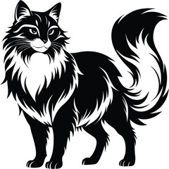 Norwegian Forest Cat silhouette, Line art vector illustration of a Norwegian Forest Cat standing proudly with its thick coat