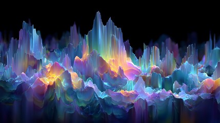 An abstract landscape of colorful mountains emerges from the darkness with vibrant hues and dynamic shapes, creating a visually captivating and surreal vista.