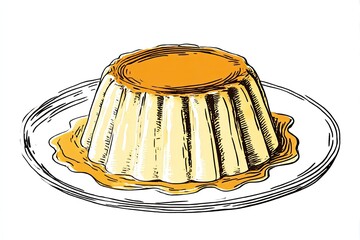 Creamy Caramel Delight Elegant Flan Dessert on Plate with Hand Drawn Sketch.