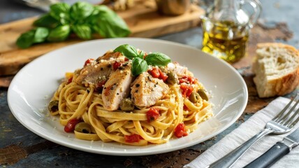 Chicken puttanesca pasta arranged on white porcelain plate with fettuccine noodles, seared chicken breast, capers, olives and crushed tomatoes on stone tabletop
