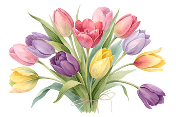 Fototapeta premium Watercolor Tulip Bouquet Isolated on Transparent Background