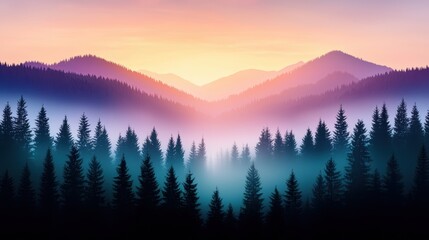 Obraz premium Misty valley between high mountains, lit by the soft glow of sunrise.